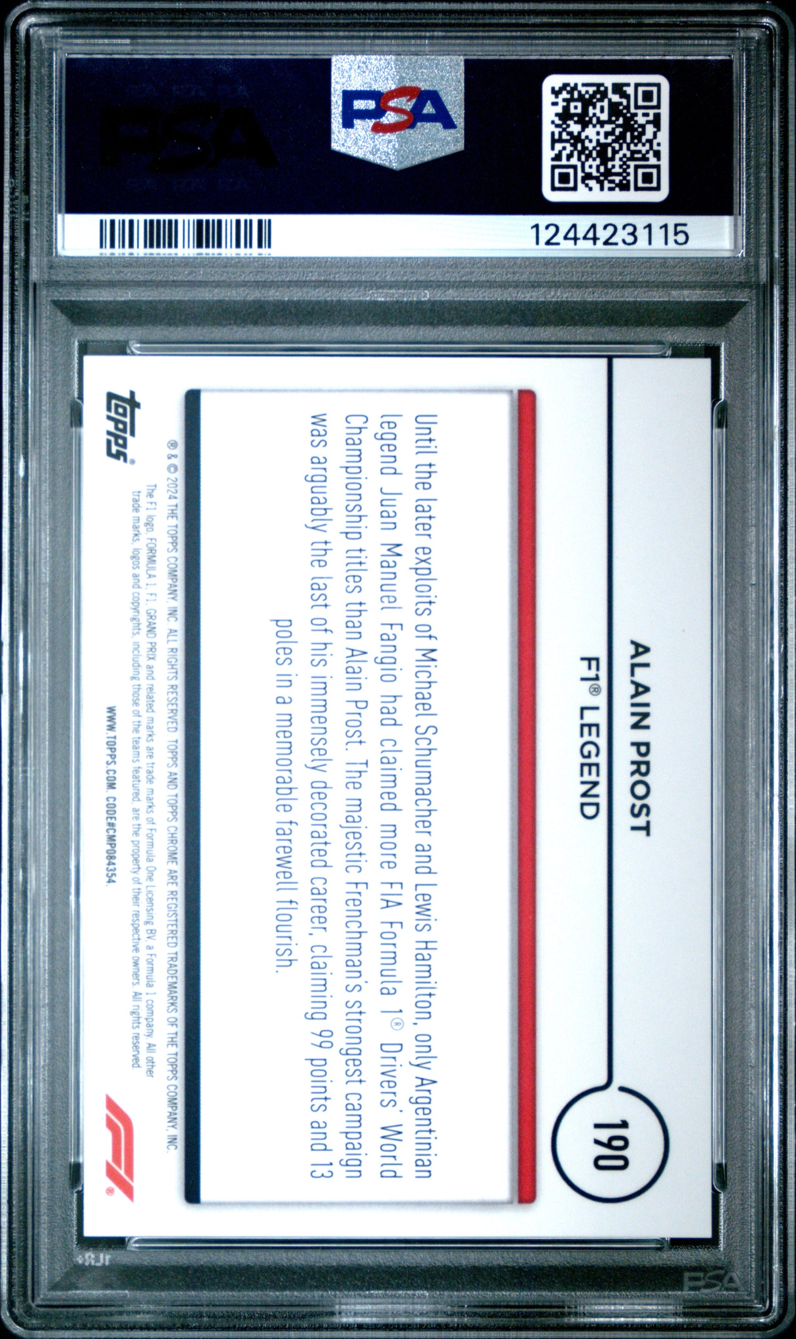Alain Prost #190 Gold Topps Chrome Formula 1 Sapphire Edition 2024 PSA 10