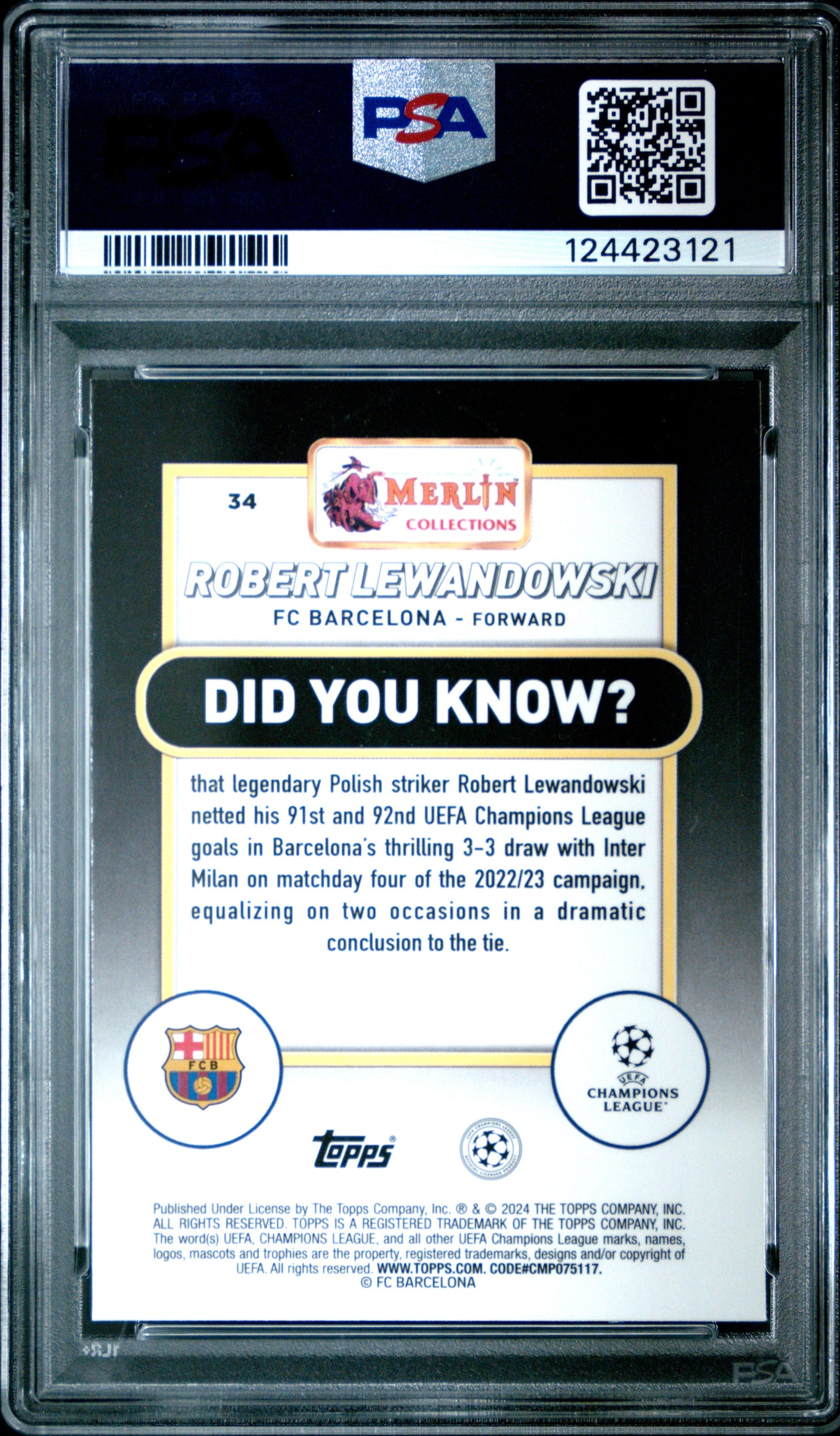 Robert Lewandowski #34 Vintage Merlin Refractor Topps Merlin UEFA Club Competitions 2023-24 PSA 9