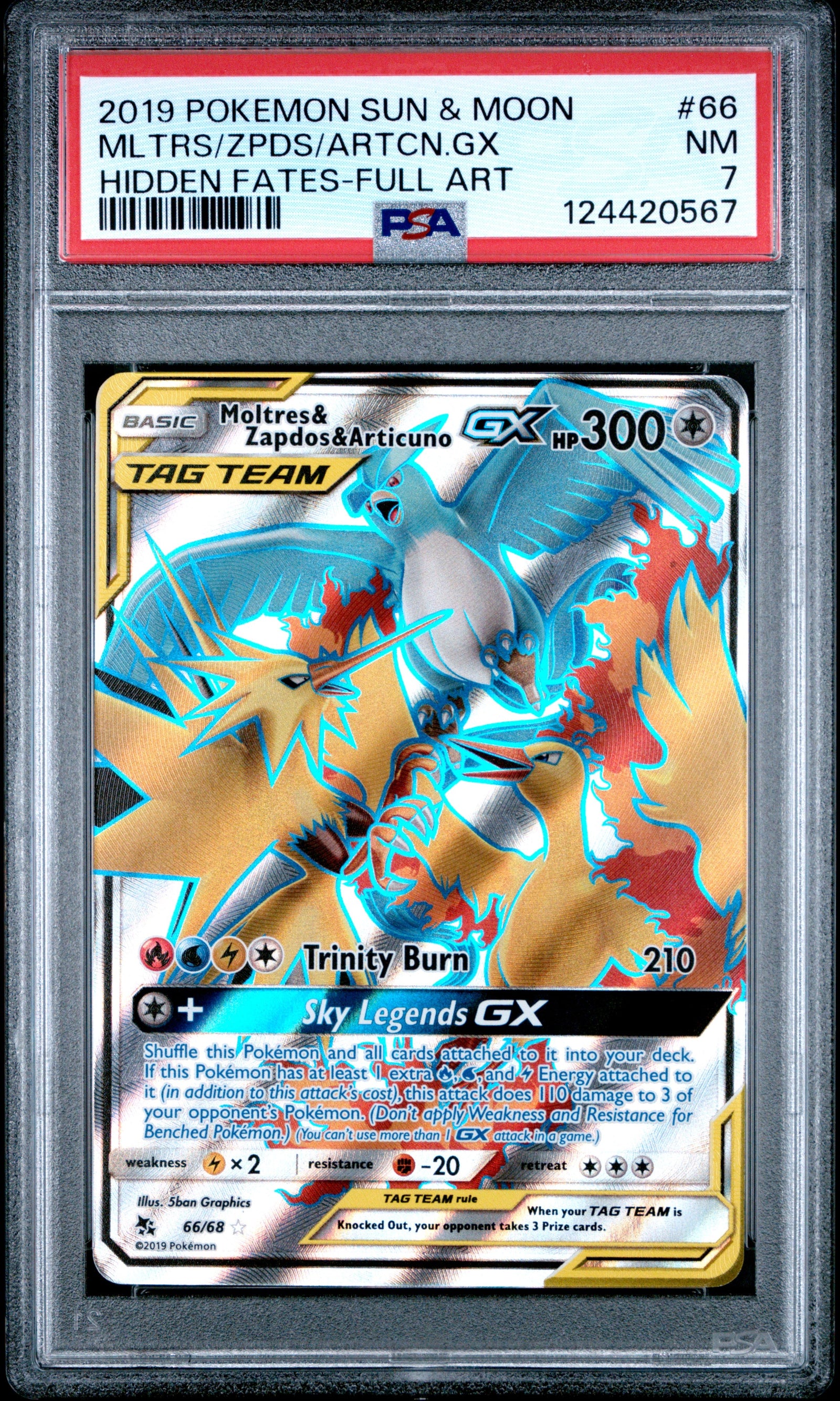 Moltres, Zapdos & Articuno gx #66 Hidden Fates-full Art Pokemon Sun & Moon Hidden Fates 2019 PSA 7