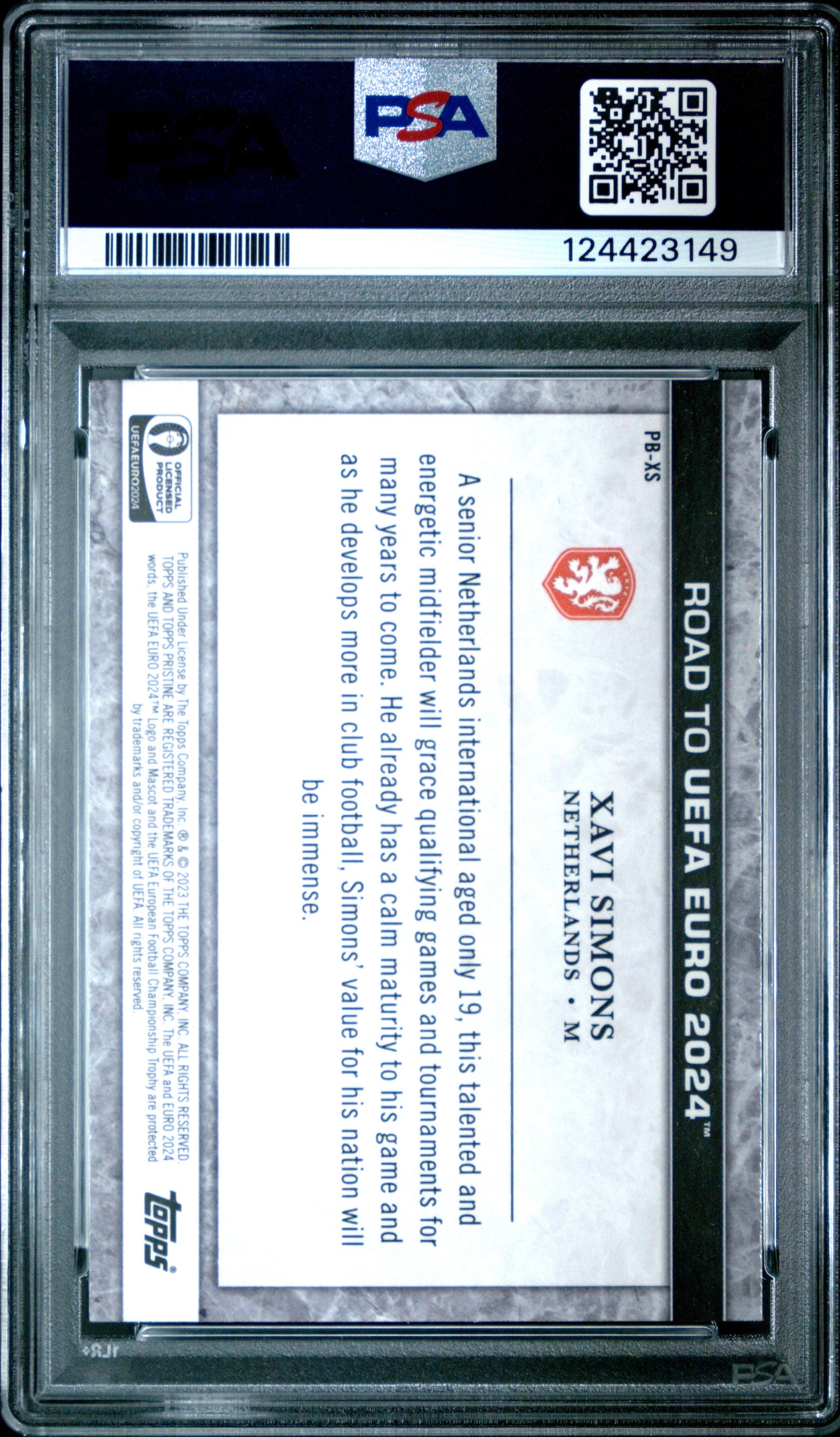 Xavi Simons #PBXS Topps Pristine Road To UEFA Euro 2024 Pristine Borders 2023 PSA 9