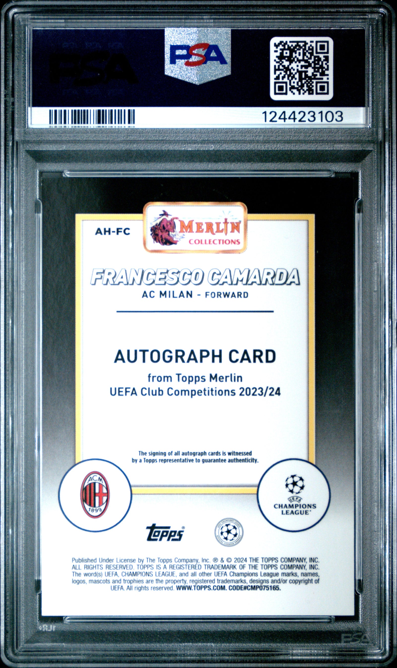 Francesco Camarda #AHFC Topps Merlin UEFA Club Competitions Autographs 2023-24 PSA 9